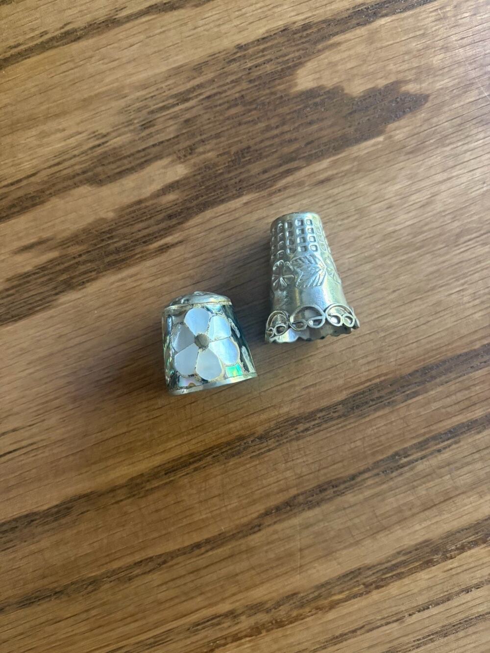 Vintage Abalone MOP Inlaid Thimble Sterling Silver Handmade Thimble Lot Of 2